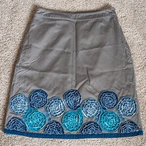 Boden Skirt Womens 6 Gray Blue Velvet Trim Floral 100% Cotton A-Line  Lined